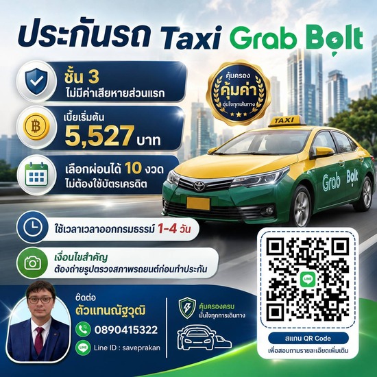 ประกันรถแท็กซี่ Taxi รถวิ่งแอพ grab bolt วิ่งสนามบิน ทั้งในกรุงเทพ และต่างจังหวัด รับทุกประเภท แถมผ่อนได้ 10 งวด
